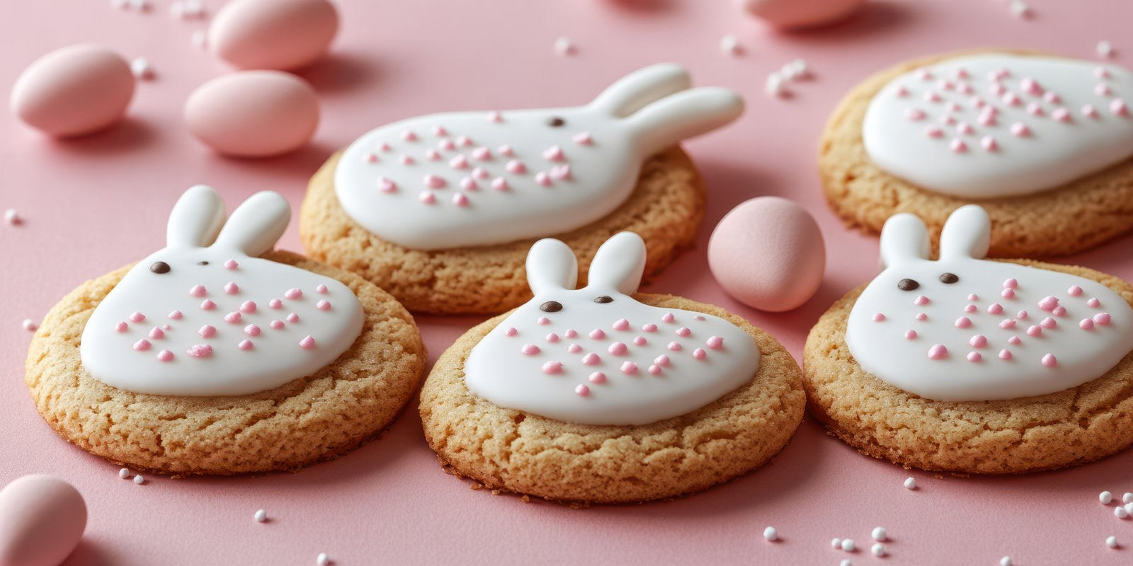 Colorful bunny cookies decorated with icing and candy on a pink background for a festive occasion